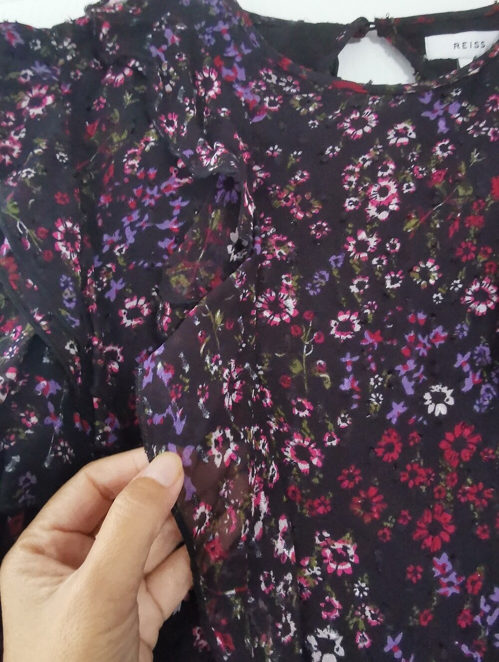 Reiss Black Sheer Floral Ruffle Blouse with Pink and Purple Accents - Picture 8 of 15